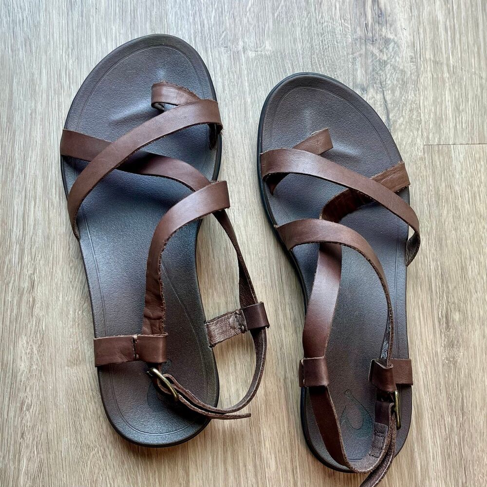 OluKai 'Upena Women's Brown Leather Strappy Sandals Size 9 Kona Coffee EUC